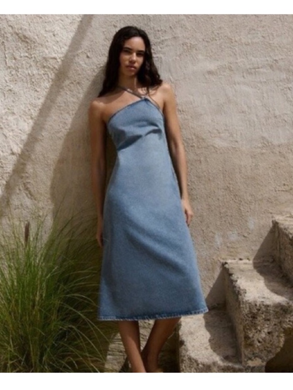 Zara Light Blue Denim Halter Midi Dress